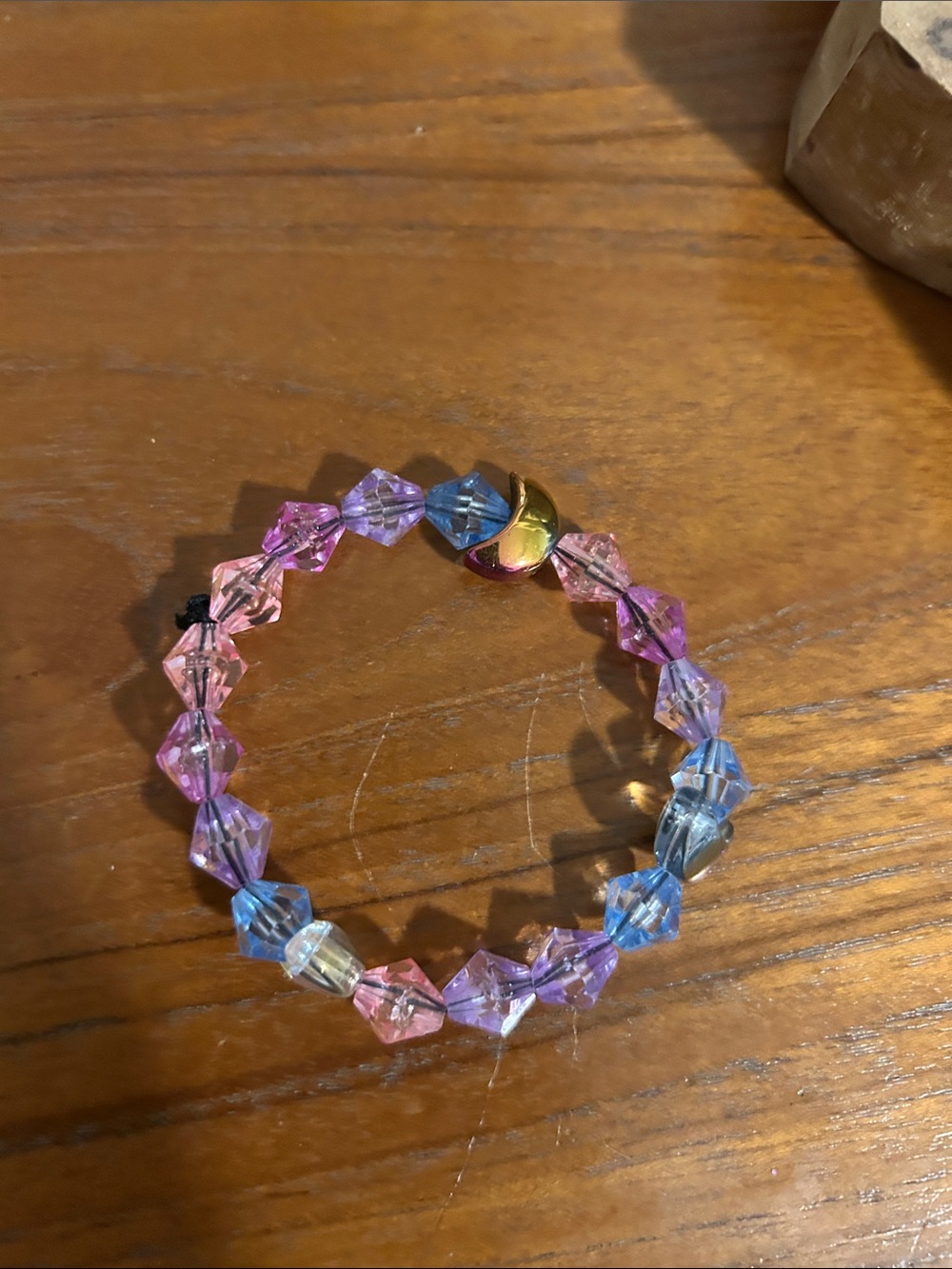 Gold Moon Accent Pink & Blue Beaded Stretch Bracelet hand crafted